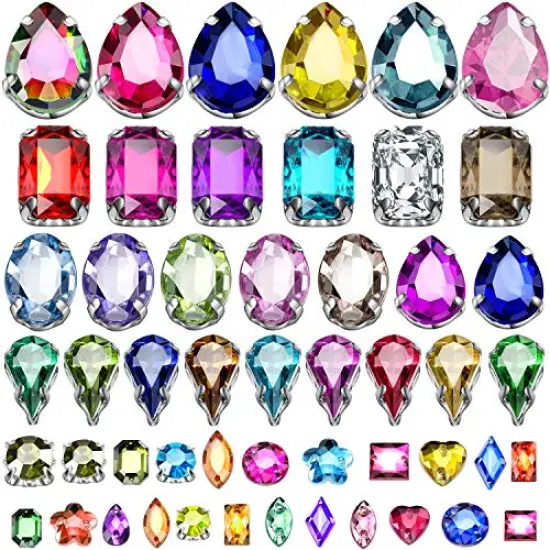 320 Pieces Sew on Rhinestone Glass Crystals Acrylic Gems with Hole Silver Prong Setting Flatback Claw Mix Shape Mix Size for DIY Crafts Dress Clothes Shoes Bag Decorations {1}