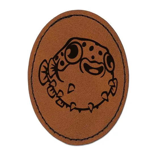Happy Little Pufferfish Round Iron-On Engraved Faux Leather Patch Applique - 2.5" Brown {1}