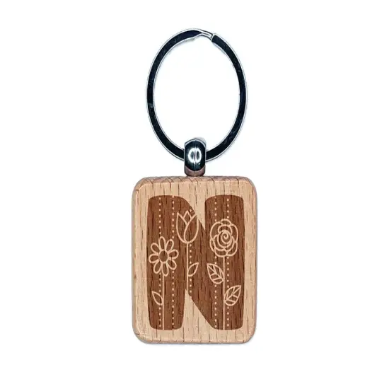 Sweet and Cute Flowers Rounded Block Letter N Engraved Wood Square Keychain Tag Charm {1}