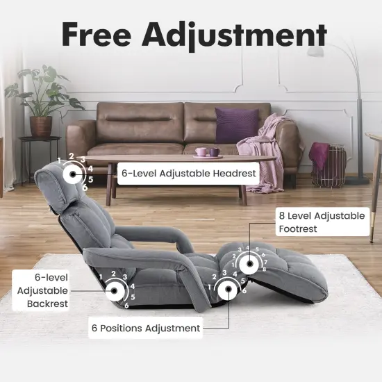 6-Position Adjustable Floor Chair with Adjustable Armrests and Footrest-Gray {6}