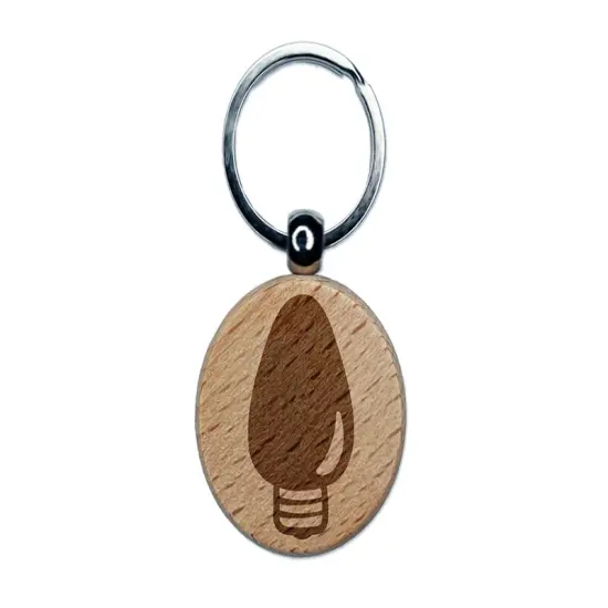 Christmas Light Bulb Engraved Wood Round Keychain Tag Charm {1}