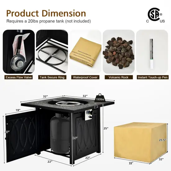 32 Inch Propane Fire Pit Table Square Tabletop with Lava Rocks Cover 50000 BTU-Black {4}