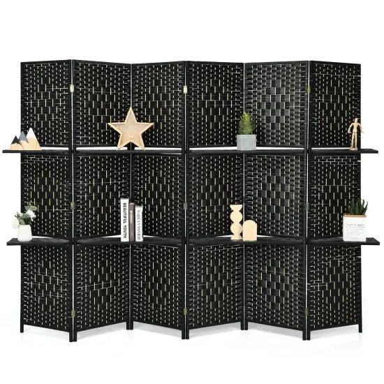 6 Panel Folding Weave Fiber Room Divider with 2 Display Shelves Black {1}