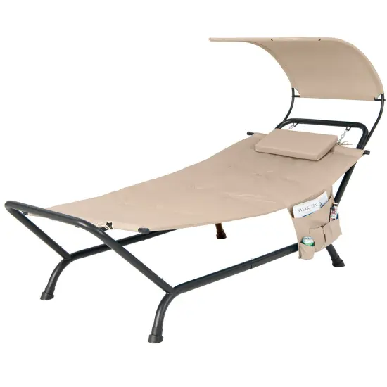 Patio Hanging Chaise Lounge Chair with Canopy Cushion Pillow and Storage Bag Navy {6}