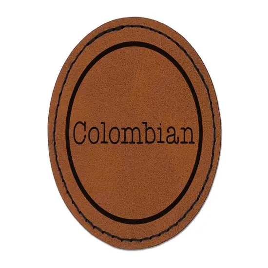 Colombian Typewriter Coffee Label Round Iron-On Engraved Faux Leather Patch Applique - 2.5" Brown {1}