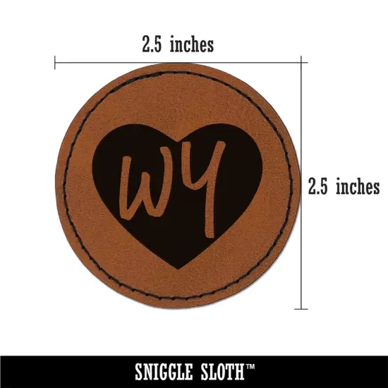 WY Wyoming State in Heart Round Iron-On Engraved Faux Leather Patch Applique - 2.5" Brown {3}