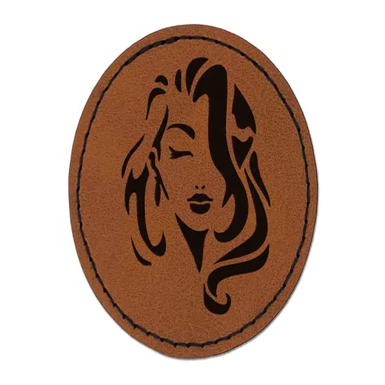 Beautiful Woman with Flowing Hair Round Iron-On Engraved Faux Leather Patch Applique - 2.5" Brown {1}