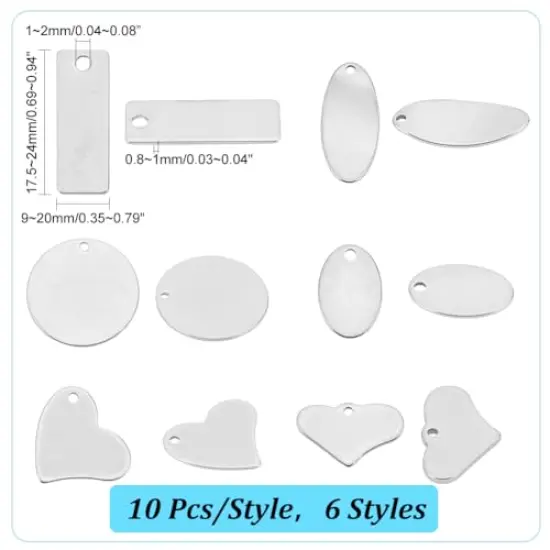 304 Stainless Steel Stamping Charms 60 Pieces Stamping Tag Pendants Stamping Blank Tags 6 Style Stamping Blank Tags Heart Round Metal Tag for Bracelet Necklace Jewelry DIY Craft Gift Making {6}