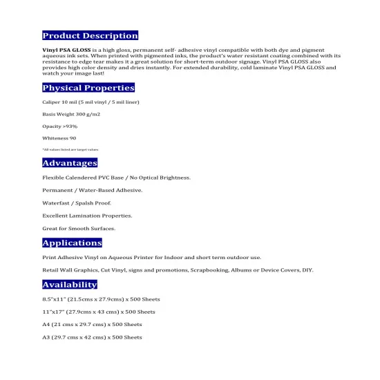 SIHL Inkjet Printable White Vinyl GLOSS 10 Sheets, 8.5"x11" Waterproof {4}