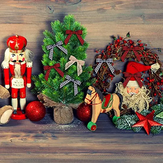 Christmas Mini Burlap Bow Buffalo Plaid Bow White and Black Checkered Bows Red and Black Gingham Ribbon Bows Farmhouse Home Decoration for Christmas Tree DIY Crafts, 3 Colors (120 Pieces) {3}