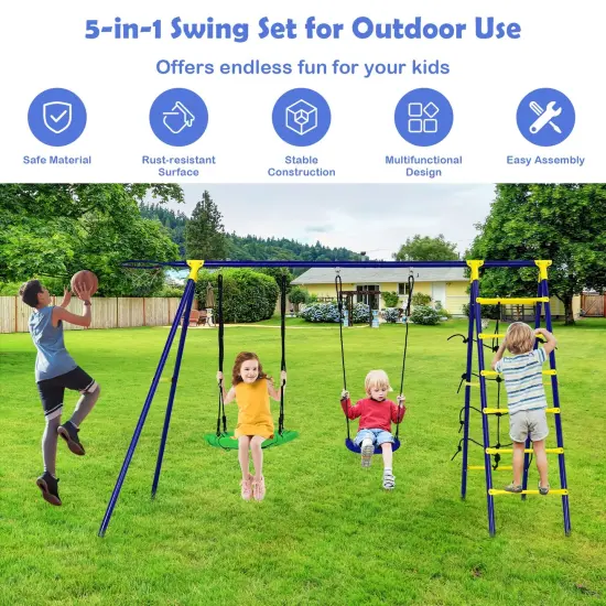 5-In-1 Outdoor Kids Swing Set with A-Shaped Metal Frame and Ground Stake {2}