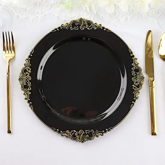 10 Pcs Disposable Plastic Salad Dinner Plates Embossed Baroque Trim Party Balck and gold {1}