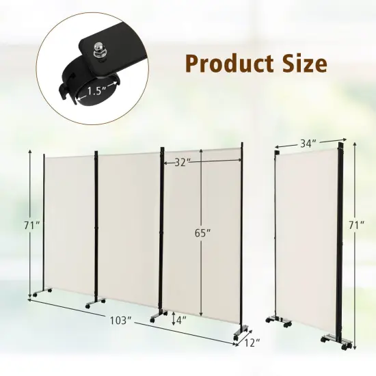 3 Panel Folding Room Divider with 8 Smooth Universal Lockable Wheels White {4}