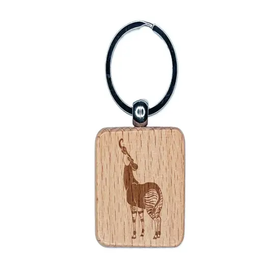 Silly Okapi Sticking Tongue Out Zebra Giraffe Engraved Wood Square Keychain Tag Charm {1}
