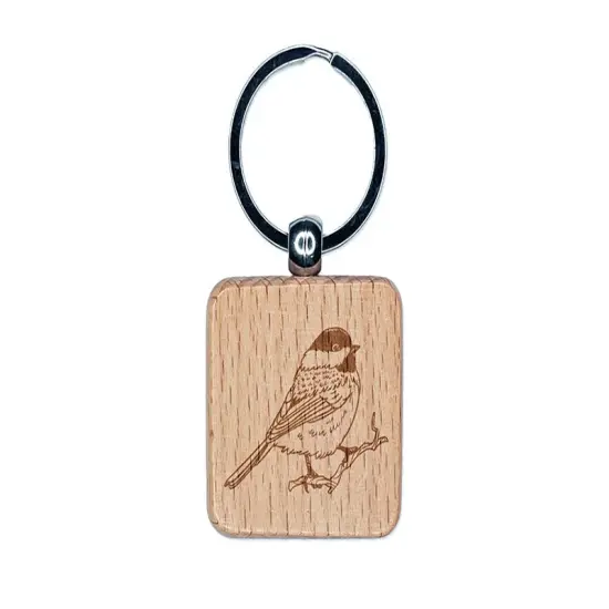 Black-Capped Chickadee Bird on Branch Engraved Wood Square Keychain Tag Charm {1}
