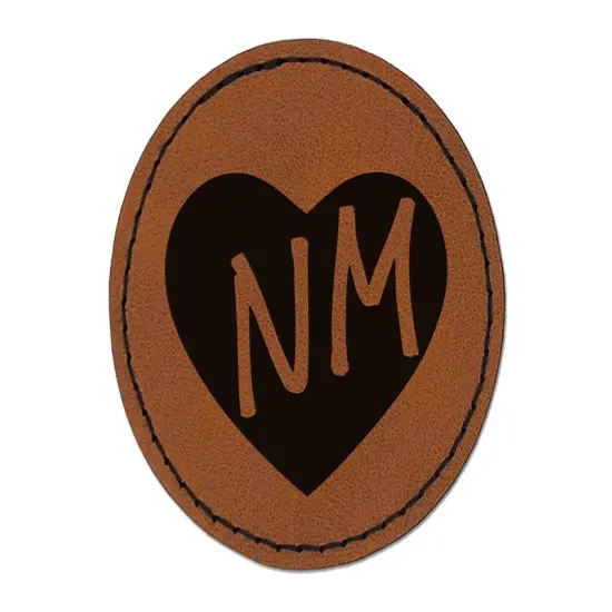 NM New Mexico State in Heart Round Iron-On Engraved Faux Leather Patch Applique - 2.5" Brown {1}