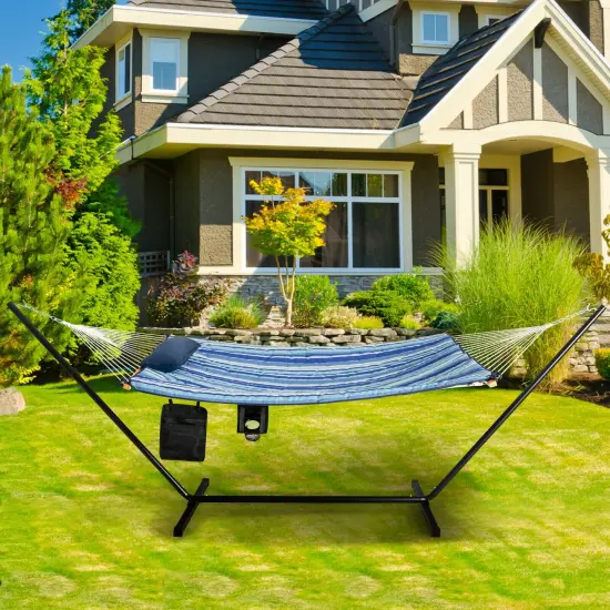 Hammock Chair Stand Set Cotton Swing with Pillow Cup Holder Indoor Outdoor {2}