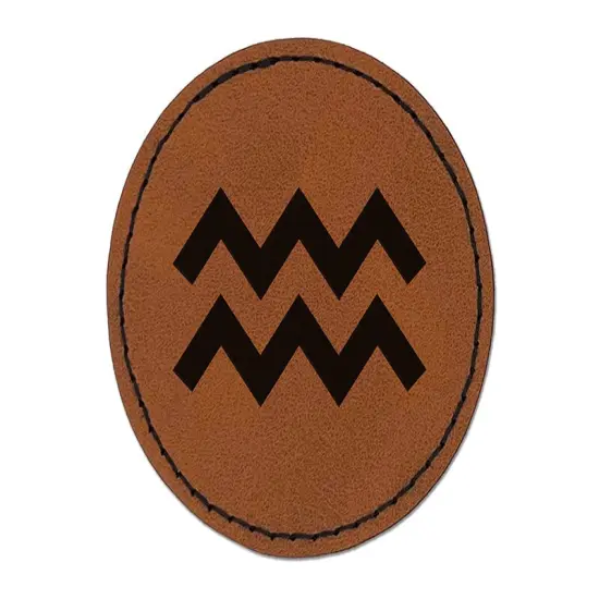 Aquarius Horoscope Astrological Zodiac Sign Round Iron-On Engraved Faux Leather Patch Applique - 2.5" Brown {1}