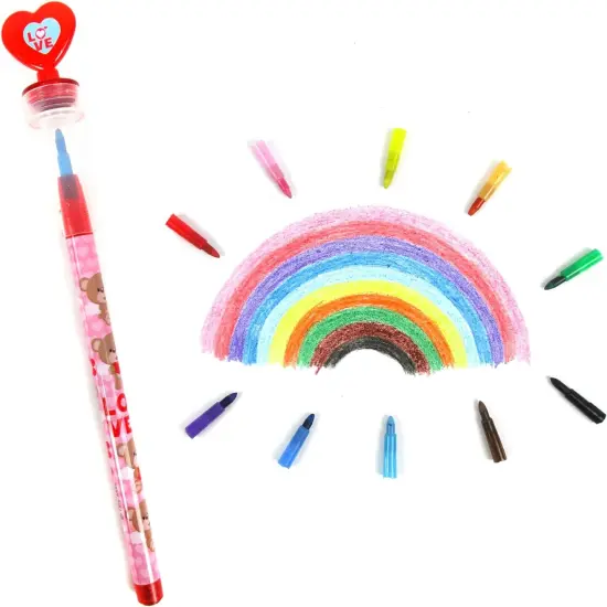 TINYMILLS 24 Pcs Valentine's Day 2 in 1 Stackable Stacking Crayon with Extra Stamper Topper, Valentine's Day Party Favors, Goodie Bag Stuffers, Valentine's Day Classroom Exchange {5}