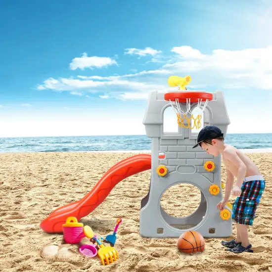 5 in 1 Toddler Climber Slide Playset with Basketball Hoop and Telescope {2}