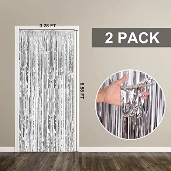 2 Pack Foil Curtain Backdrop Silver Metallic Tinsel Foil Fringe Curtains Photo Booth Props for Birthday Wedding Engagement Baby Shower Bachelorette Christmas Holiday Celebration Party Decorations {1}