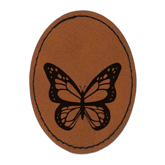 Pretty Monarch Butterfly Round Iron-On Engraved Faux Leather Patch Applique - 2.5" Brown {1}