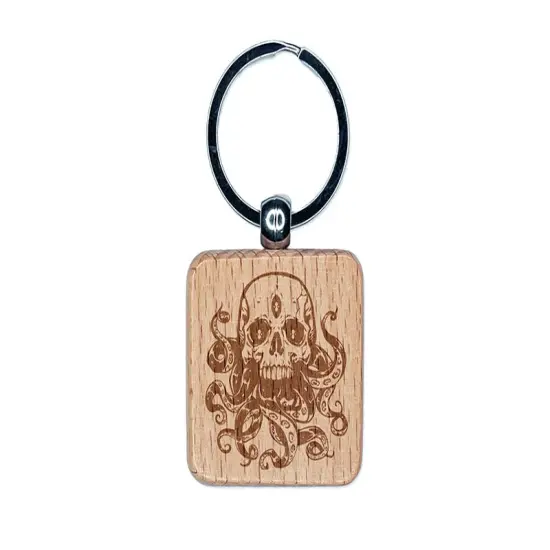 Cthulhu Skull with Octopus Tentacles Eldritch Horror Engraved Wood Square Keychain Tag Charm {1}