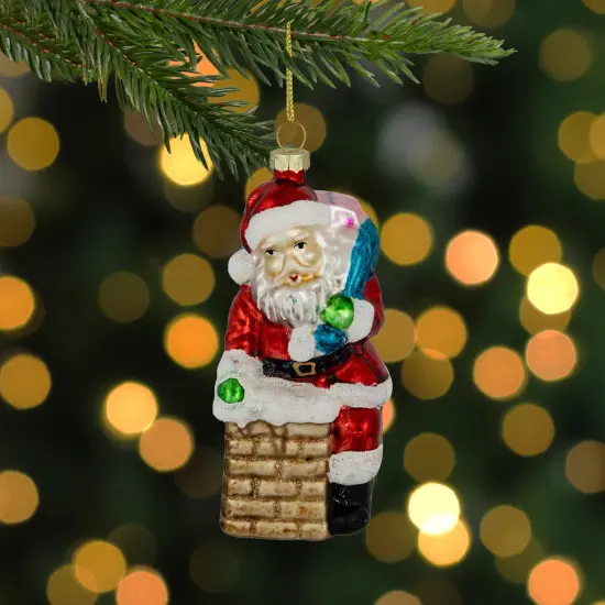 Northlight Santa Down the Chimney Hanging Glass Christmas Hanging Ornament - 4.75" - Red {3}