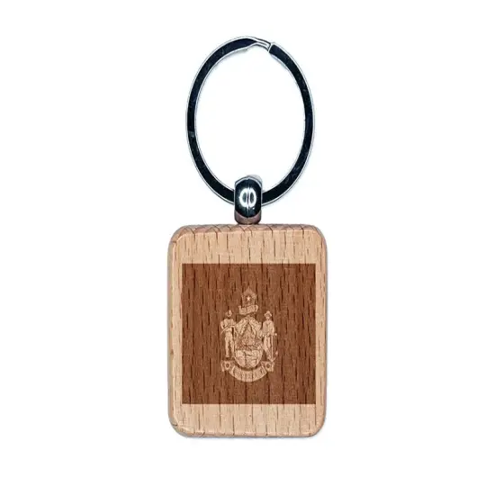 Maine State Flag Engraved Wood Square Keychain Tag Charm {1}