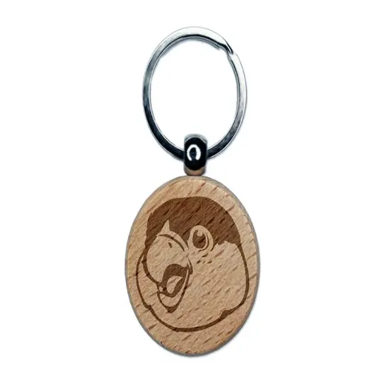 Happy Smiling Parrot Bird Engraved Wood Round Keychain Tag Charm {1}