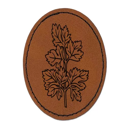 Parsley Herb Plant Round Iron-On Engraved Faux Leather Patch Applique - 2.5" Brown {1}