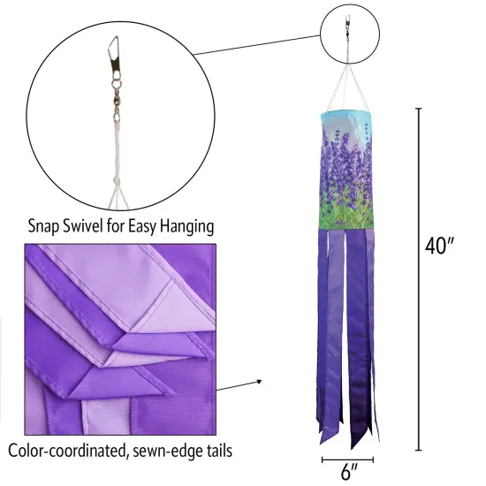 In the Breeze 5211 — Lavender 40-inch Inspiration Windsock — Colorful Hanging Garden Décor with Embroidered Details {5}