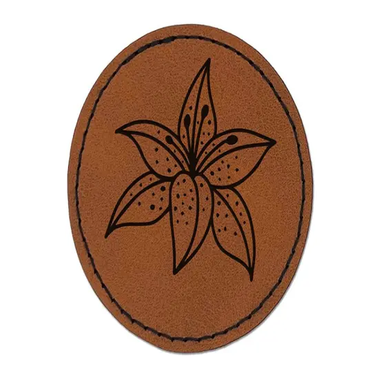Pretty Tiger Lily Flower Round Iron-On Engraved Faux Leather Patch Applique - 2.5" Brown {1}
