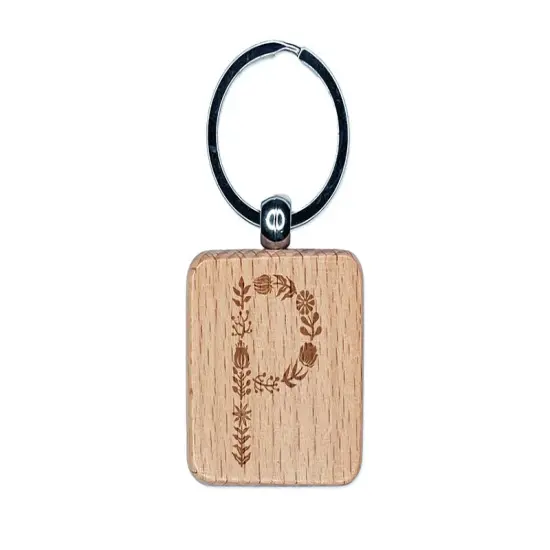 Elegant Botanical Floral Letter P Engraved Wood Square Keychain Tag Charm {1}