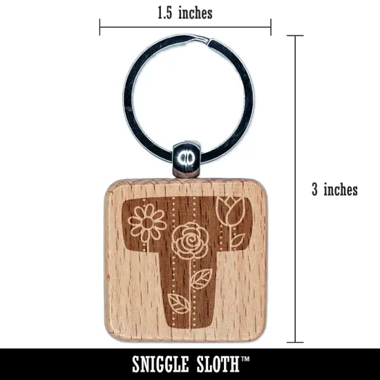 Sweet and Cute Flowers Rounded Block Letter T Engraved Wood Square Keychain Tag Charm {2}