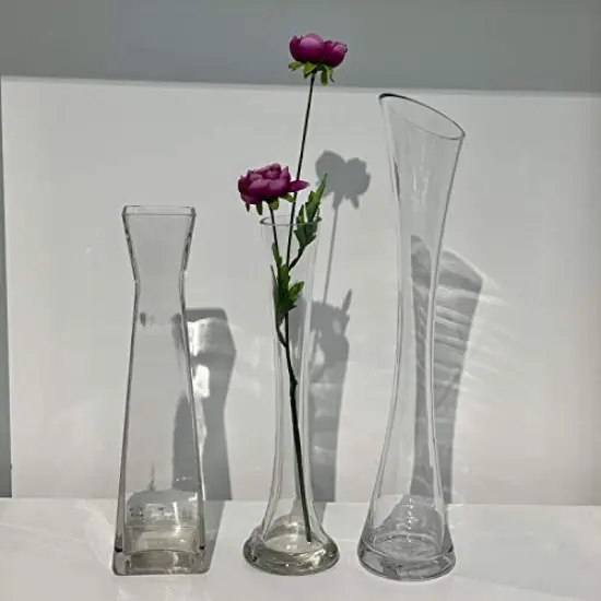 Bud Vase, Width 3", Height 15.75", Clear Tall Slant Cut Opening Gathering Concaved Glass Floral Container Centerpiece for Wedding Party Event Home Office Decor, 1 Piece {3}