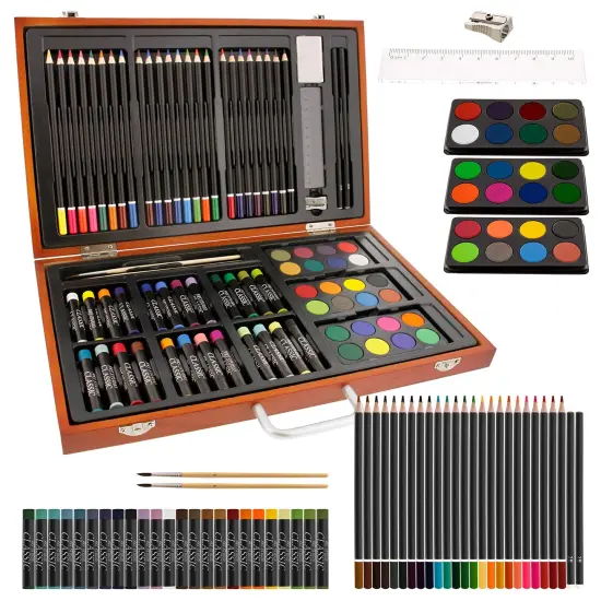 82 Pieces Deluxe Artist Studio Creativity Set Wood Box Case - Art Painting, Sketching Drawing Set, 24 Watercolor Paint Colors, 24 Oil Pastels, 24 Colored Pencils, 2 Brushes, Starter Kit {2}
