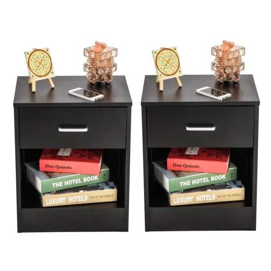 Set of 2 Bedroom Nightstand End Side Bedside Table W/Drawer Storage. Black {8}
