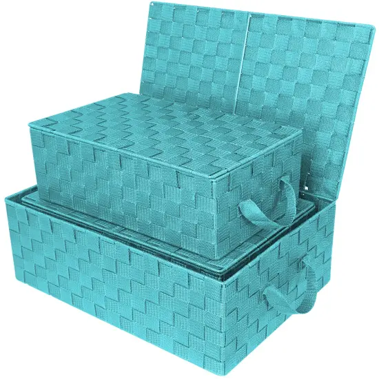 Sorbus Woven Basket Bin Set - Shelf Storage Tote Baskets for Household Items - Stackable with lid, Woven Straps and built-in Carry Handles (3 Pack) Aqua {5}