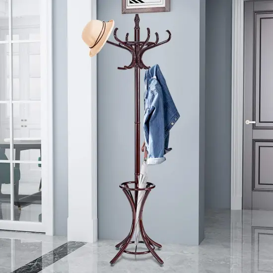 Wooden Freestanding Hat Coat Rack with Umbrella Stand Perfect for Any Room Brown {2}
