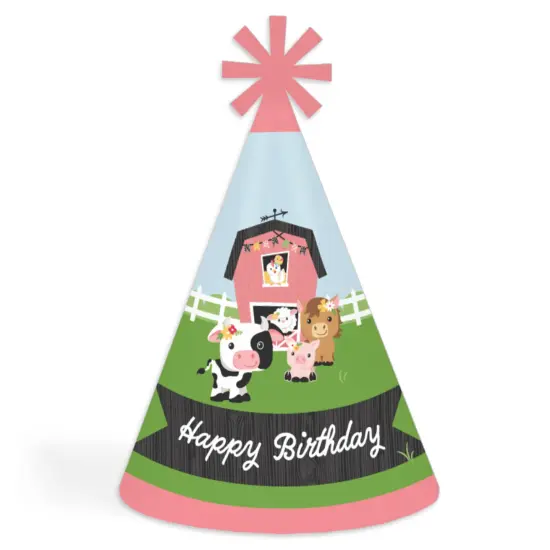 Big Dot of Happiness Girl Farm Animals - Cone Happy Birthday Party Hats for Kids and Adults - Set of 8 (Standard Size) {1}