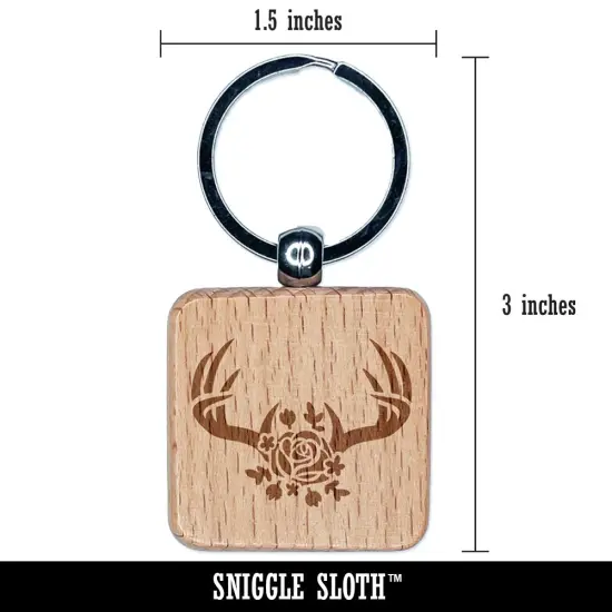 Deer Antlers with Rose Engraved Wood Square Keychain Tag Charm {2}