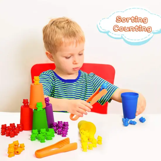 Counting Bears with Matching Sorting Cups,Number Color Recognition STEM Educational Toy for Toddler, Pre-School Learning Toy with 90 Bears,2 Tweezers,11 Activity Cards,1 Storage Box {6}