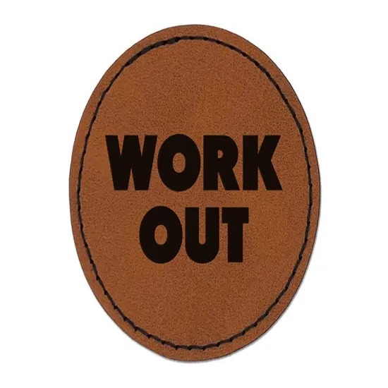 Work Out Bold Text Gym Exercise Round Iron-On Engraved Faux Leather Patch Applique - 2.5" Brown {1}