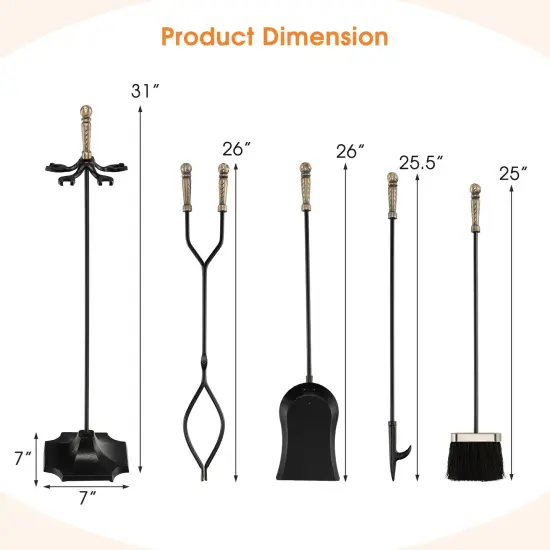 5 Pieces Hearth Fireplace Fire Tools Set with Ergonomic Handle Bronze {4}