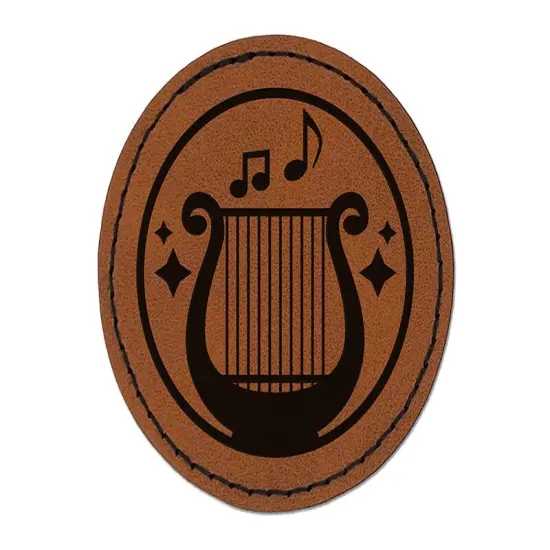 Bard Instrument Harp Lyre Round Iron-On Engraved Faux Leather Patch Applique - 2.5" Brown {1}