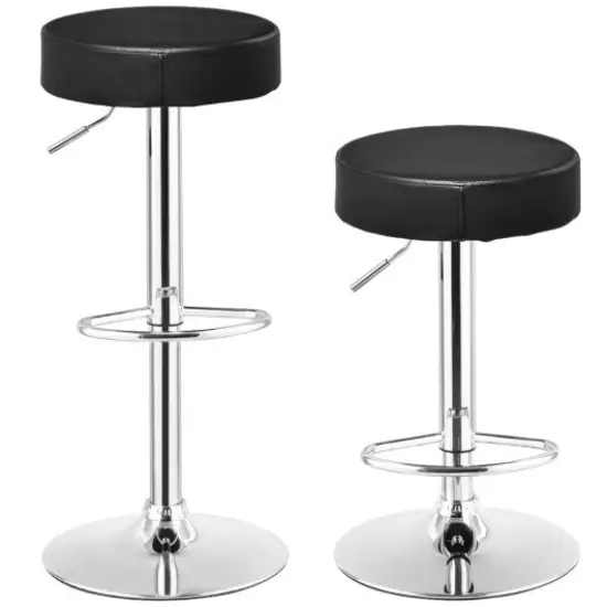 Set of 2 Adjustable Round PU Leather Swivel Barstool with Chrome Footrest-Black {3}