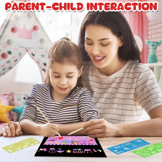 Scratch Paper Art Set: 60 Pieces Magic Drawing Art Craft Kid Black Scratch Off Paper Supply Kit Toddler Preschool Learning Bulk Toy for Age 3 4 5 6 7 8 9 10 Girl Boy Christmas Birthday Party Gift {6}