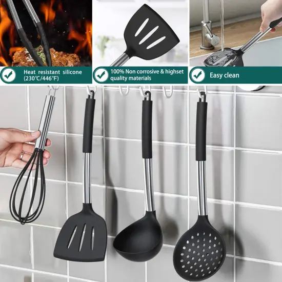 15 Pieces Silicone Cooking Utensil Set, Umite Chef Silicone Cooking Kitchen Utensils Set, Non-stick - Best Kitchen Cookware with Stainless Steel Handle - Black {2}