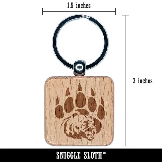 Grizzly Bear Head in Claw Paw Engraved Wood Square Keychain Tag Charm {2}